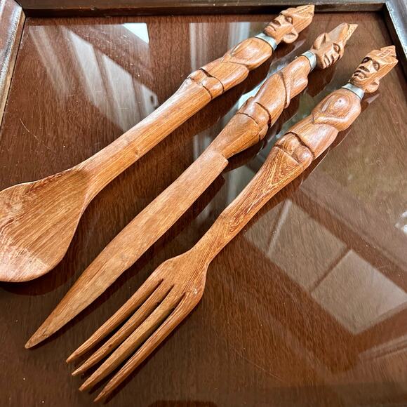 Vintage Hand Carved African Tribal Knife Fork Spoon Serving Utensils - Picture 5 of 15